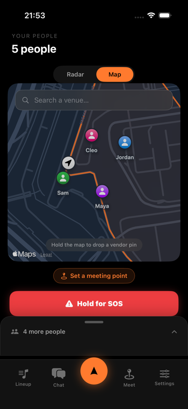 Beacon map view showing friends' live positions over the venue outline