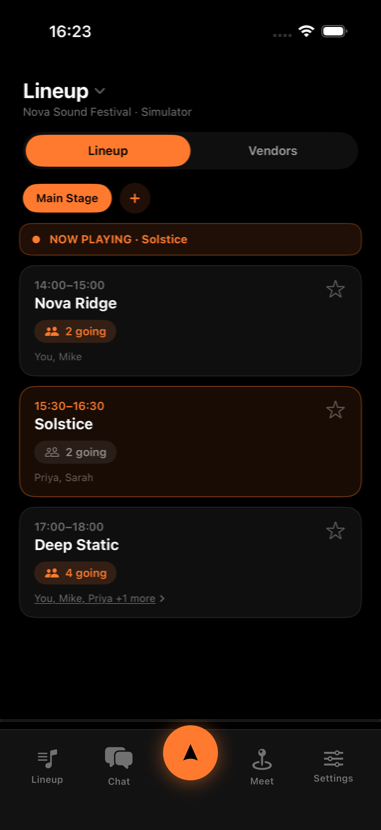 Beacon lineup screen showing set times and who in your group is going